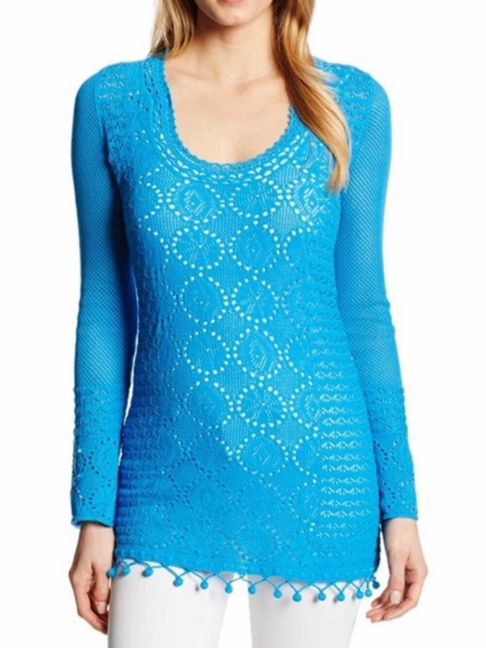 Lily Pulitzer Athena Crochet Tunic Sweater caftan ball fringe teal dress top XS